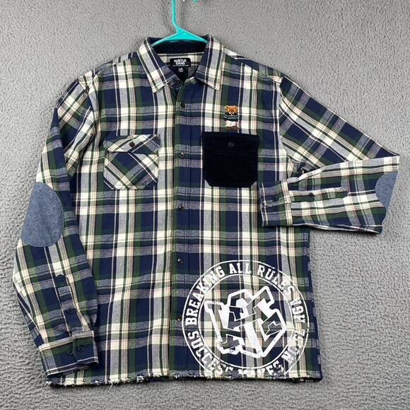 Hustle Gang Bear Flannel Shacket Men's Large Green Corduroy Plaid Plaid Y2K - Picture 1 of 11